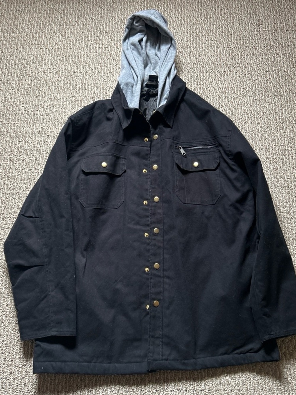 Men's Black Hooded Jacket with Snap Front